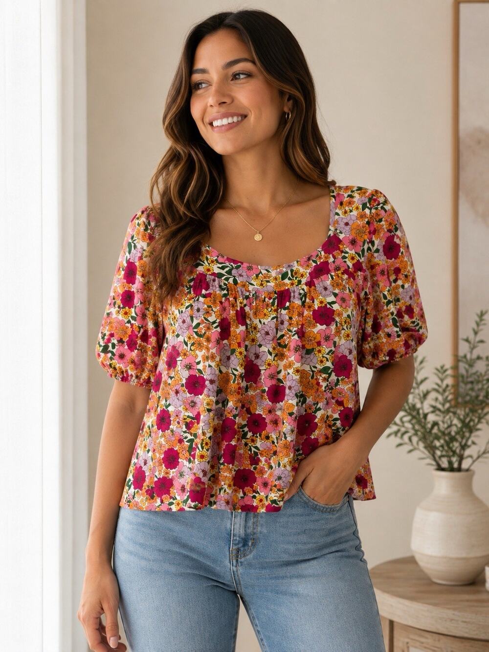 Draper James Women’s Large Floral Puff Sleeve Blouse Square Neck Multicolor Top